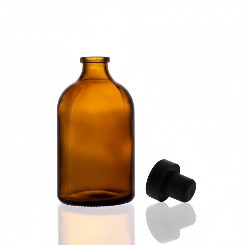 Envase de vidrio ámbar 100ml con tapón sintético al lado