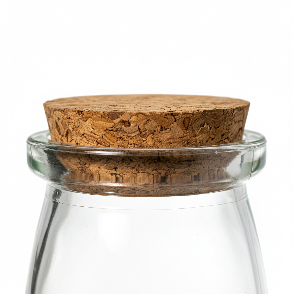 Close-up corcho B.56 y cuello del envase de vidrio transparente 100ml