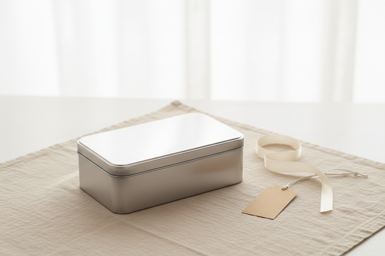 Caja metálica rectangular 168x105x64 mm plateada cerrada sobre lino beige — vista general editorial