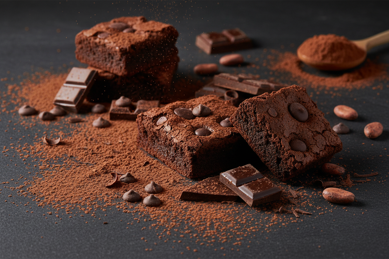Cocoa alcalina rojiza en pizarra oscura con brownies gourmet y cacao