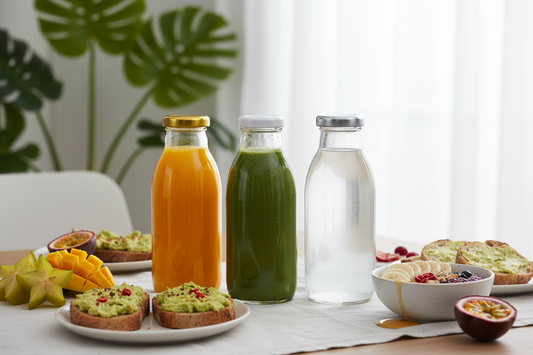 Mesa de brunch con botellas de vidrio con bebidas saludables