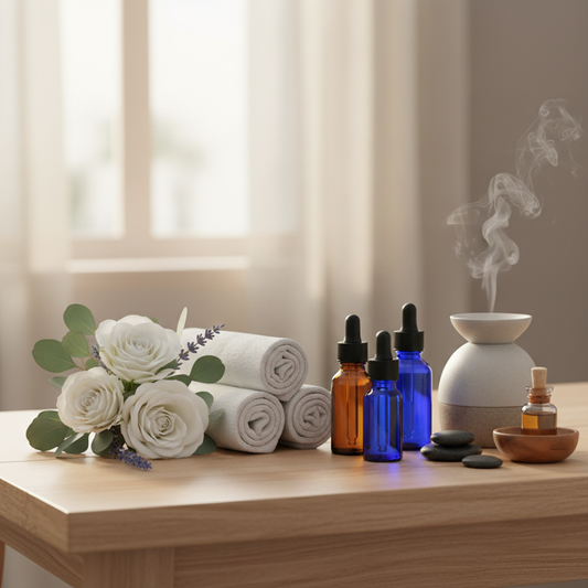 Envases goteros en contexto lifestyle spa y aromaterapia