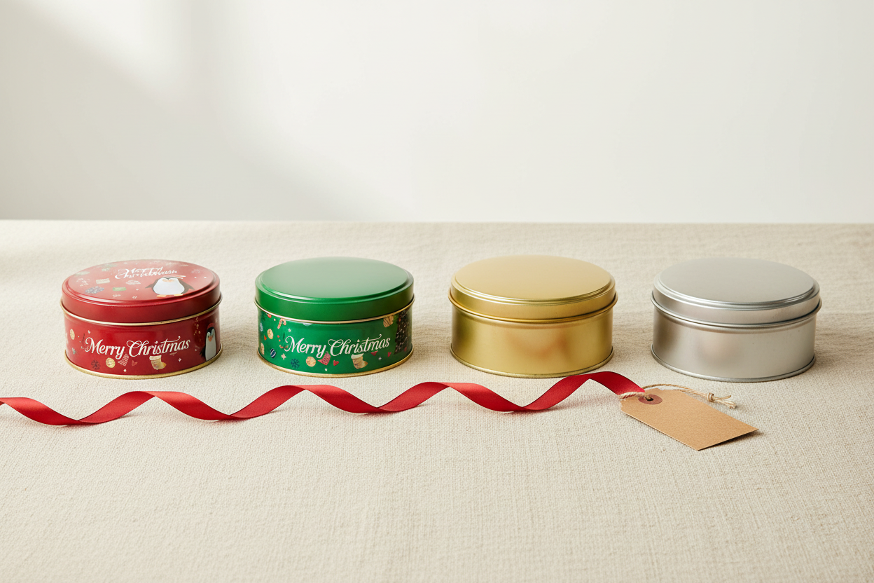 Caja metálica redonda 116x55 mm en 4 variantes: rojo navidad, verde navidad, dorado y estaño plata — vista general