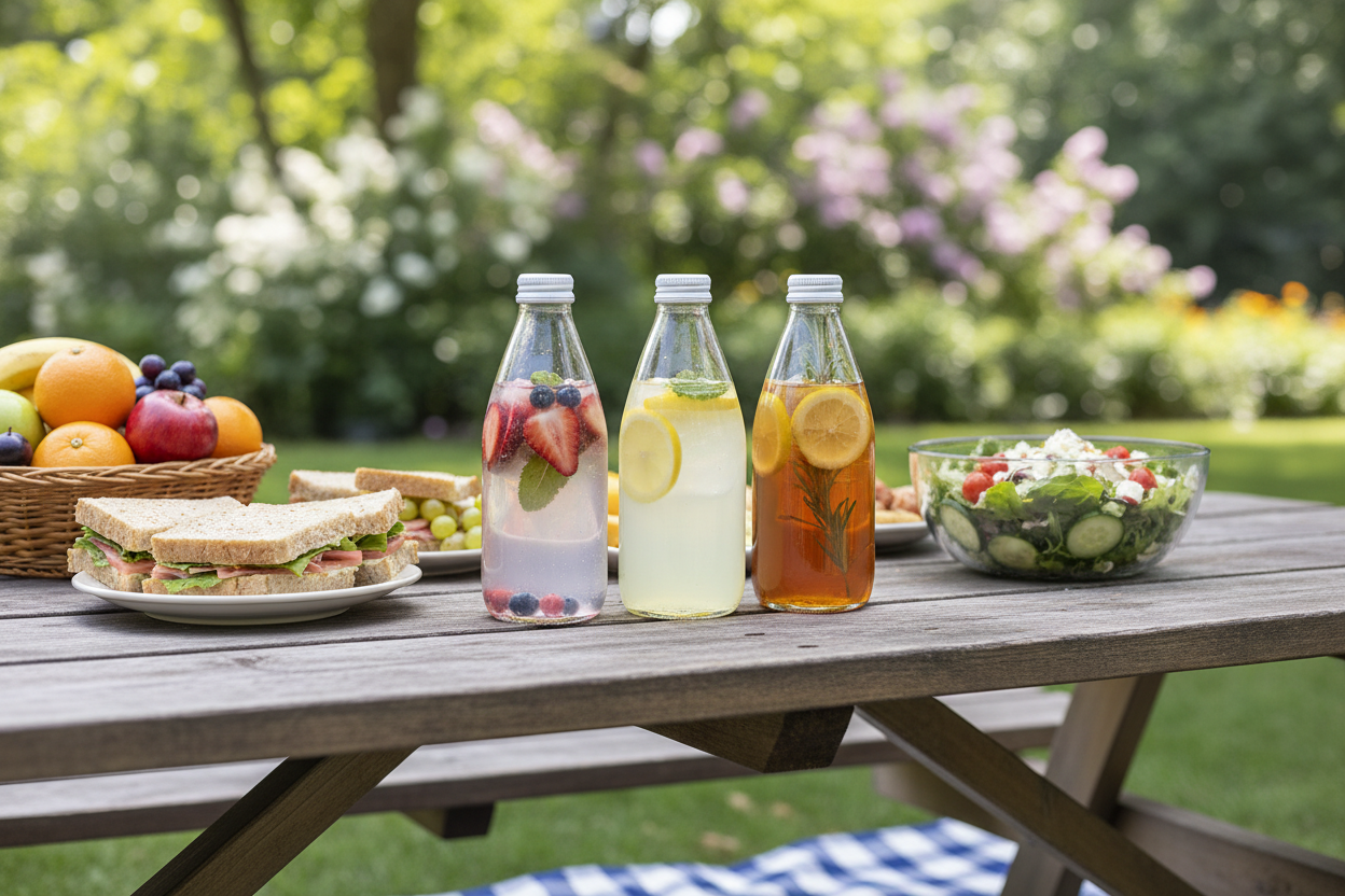 Mesa de picnic con botellas de vidrio con bebidas refrescantes