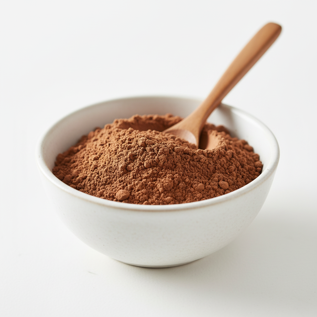Cocoa en polvo natural en bowl blanco con cuchara de madera