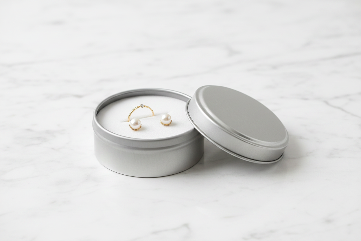 Caja metálica plateada abierta con joyería — anillo dorado y aretes de perla sobre inserto de terciopelo blanco