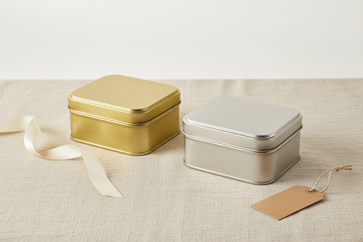 Caja metálica rectangular dorada y plateada sobre lino beige — vista general de variantes