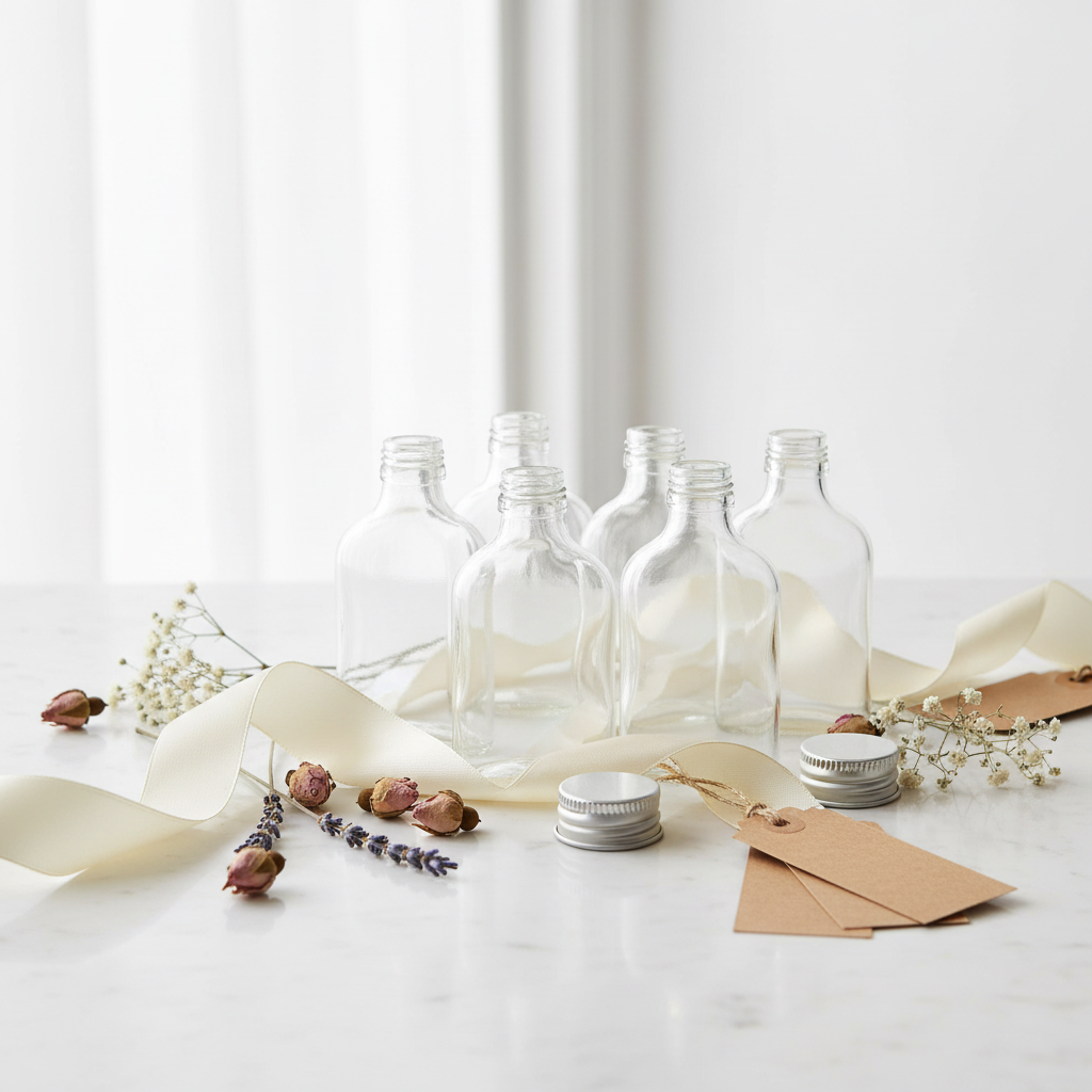 Botellas flint 50cc en kit de regalo con cinta y botanicals sobre mármol
