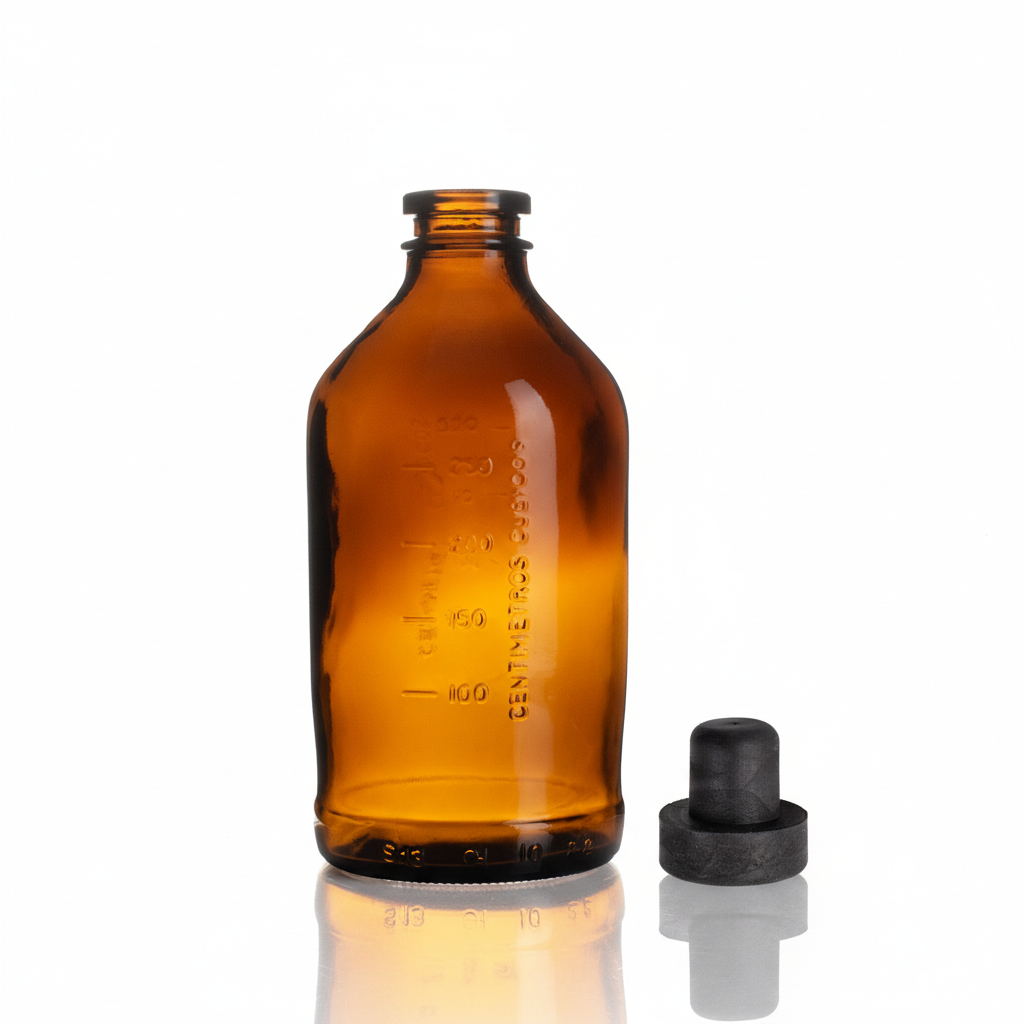 Envase de vidrio ámbar 339ml con tapón sintético al lado