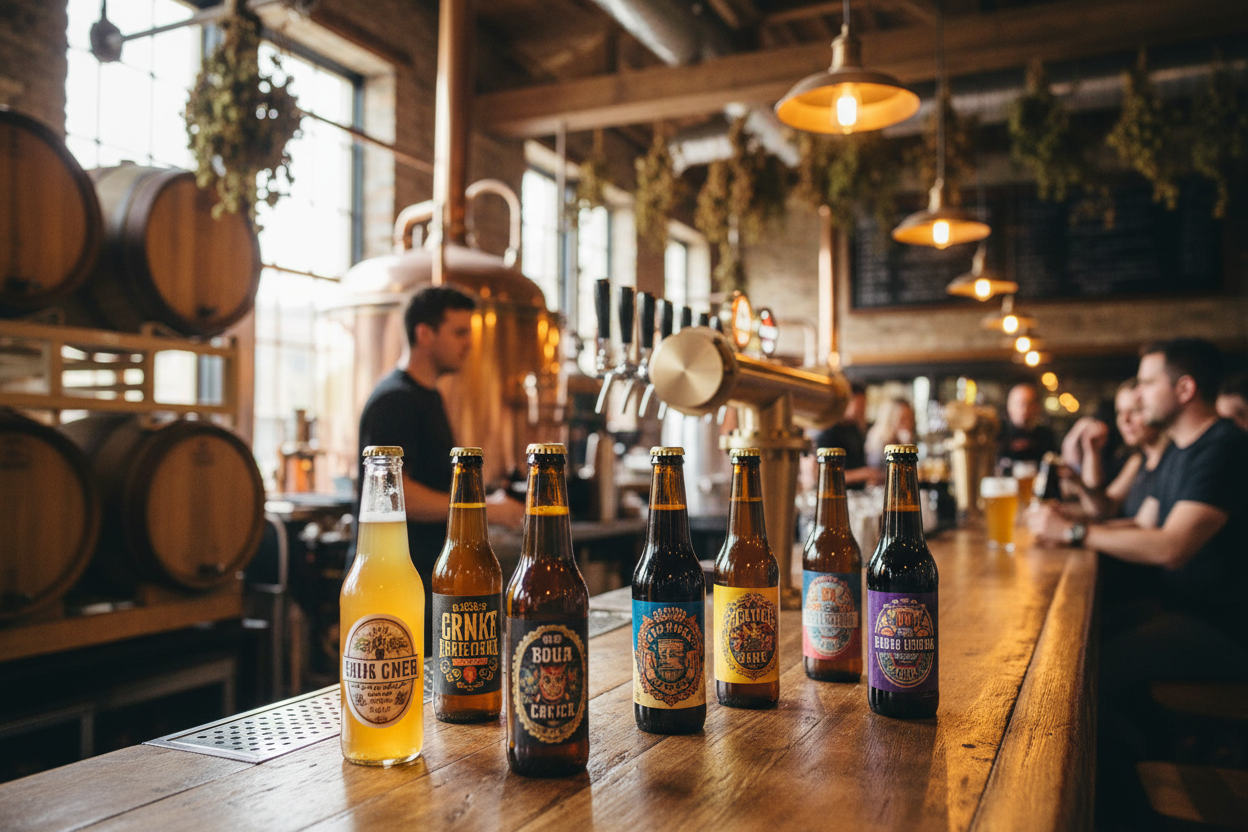 Botellas de vidrio ámbar con cervezas artesanales en cervecería