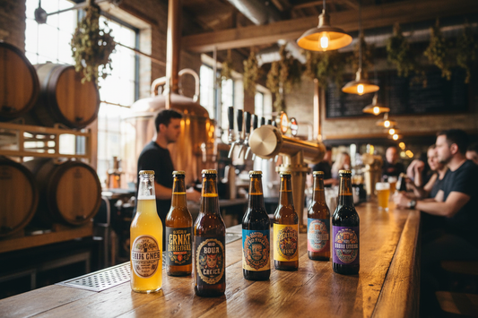 Botellas de vidrio ámbar con cervezas artesanales en cervecería