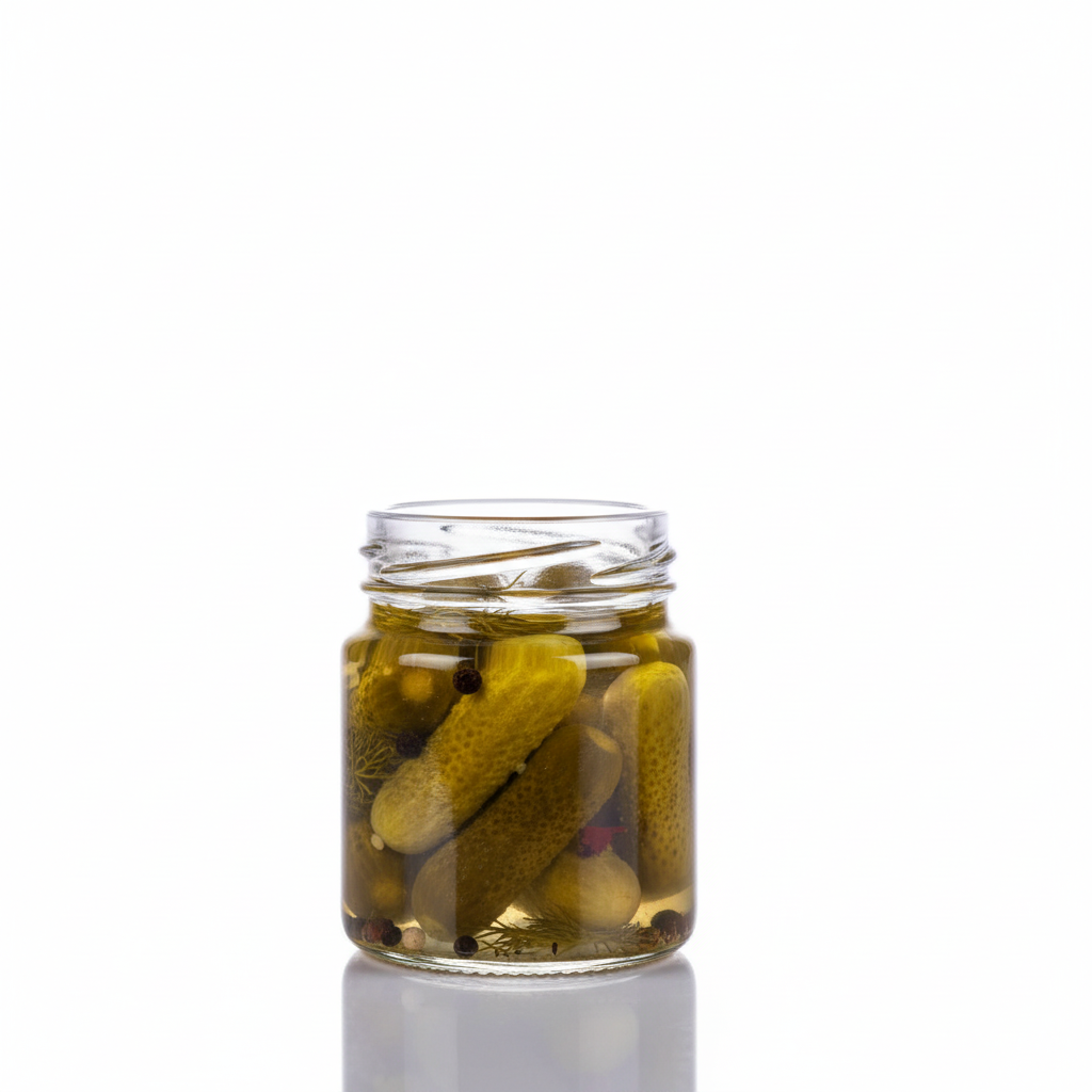 Envase de vidrio 80ml con encurtidos mostrando versatilidad del producto