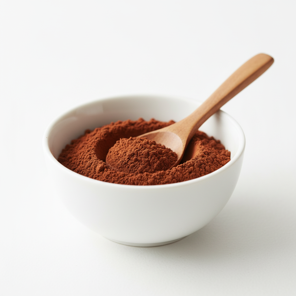 Cocoa en polvo alcalina rojiza en bowl blanco con cuchara de madera