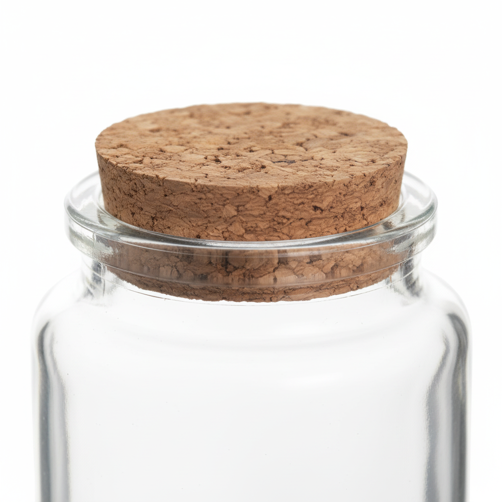 Close-up corcho y cuello del envase de vidrio transparente 90ml