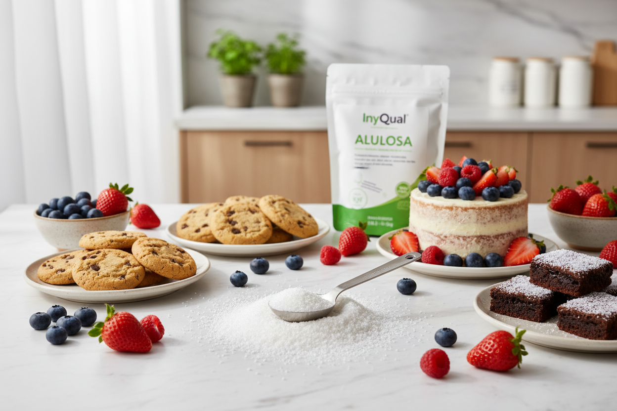 Alulosa cristalina en mármol blanco con postres keto y frutos rojos, estética saludable premium