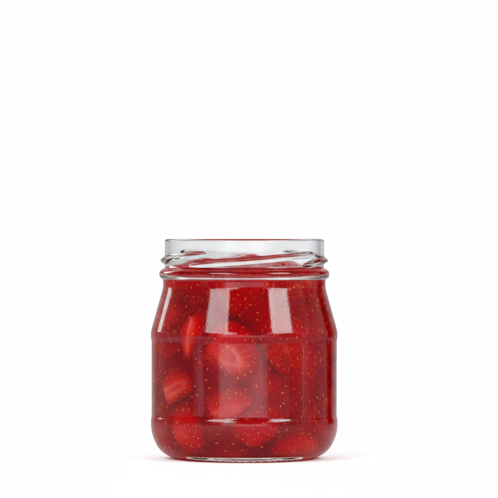 Envase de vidrio 211ml transparente con mermelada mostrando uso final