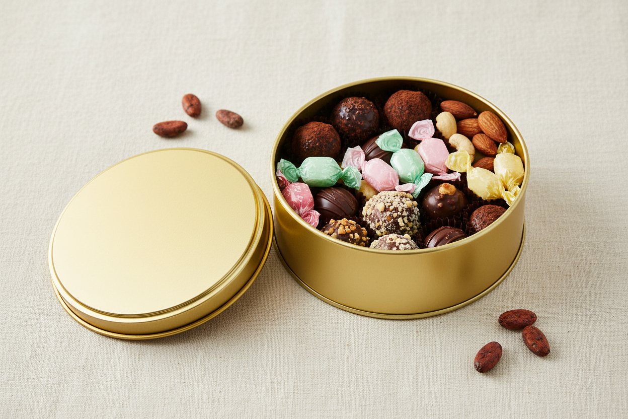 Caja metálica dorada abierta con chocolates artesanales y nueces — uso para alimentos gourmet