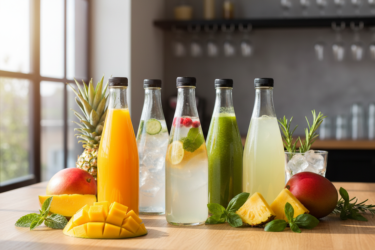 Botellas de vidrio con bebidas refrescantes en bar moderno