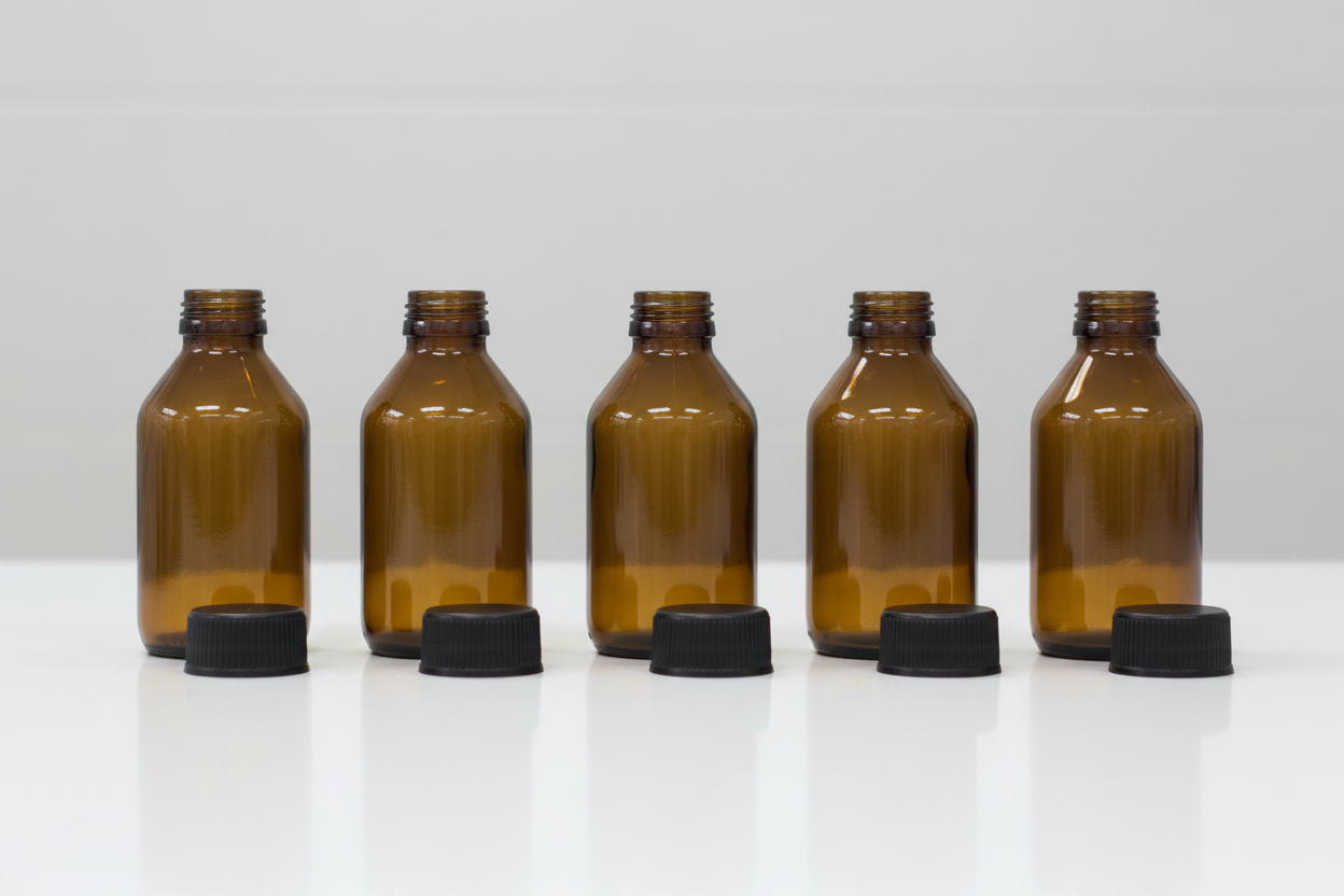 Envases de vidrio ámbar HX120F 120ml en contexto de farmacia y producción de jarabes