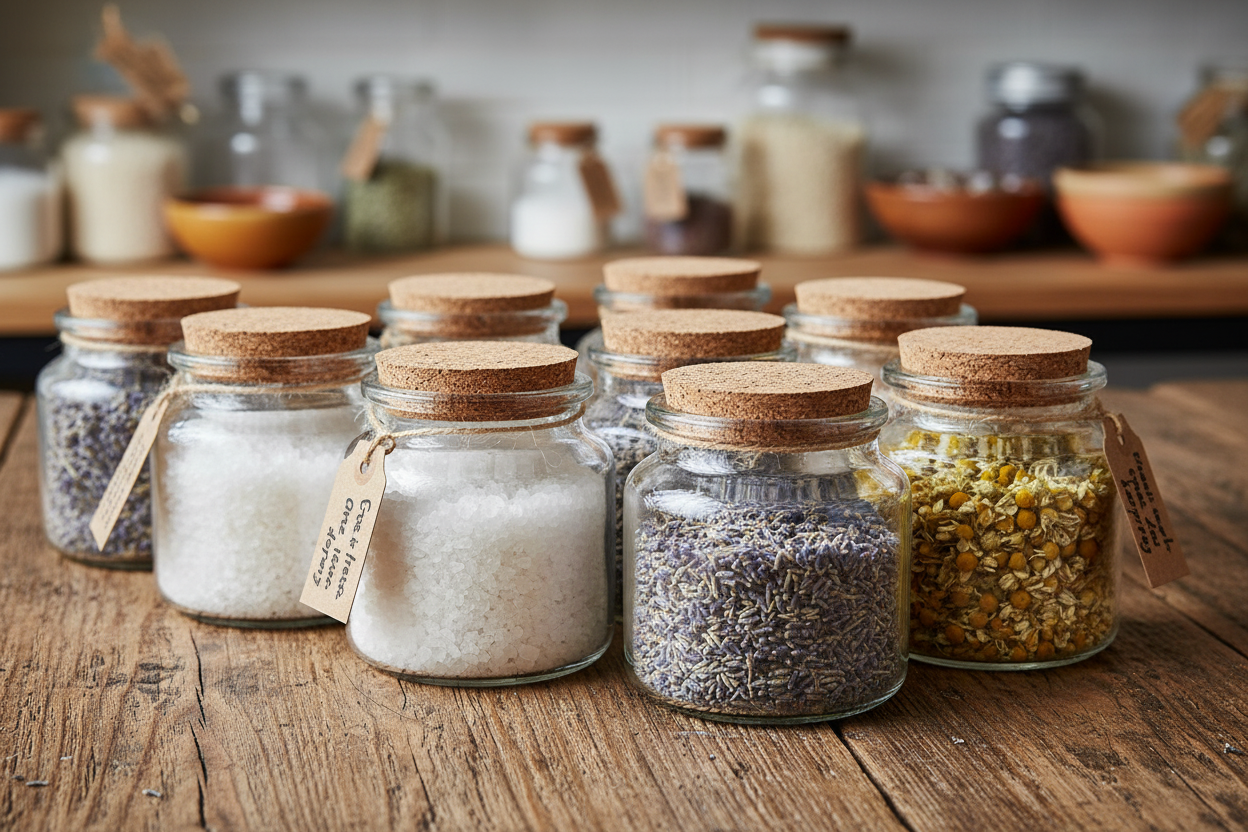 Envases de vidrio transparente 90ml en contexto de tienda gourmet de especias