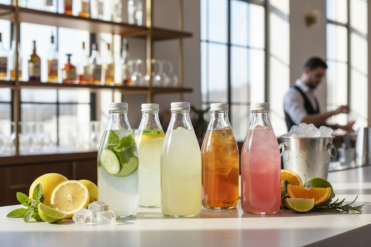 Botellas de vidrio con bebidas refrescantes en bar moderno