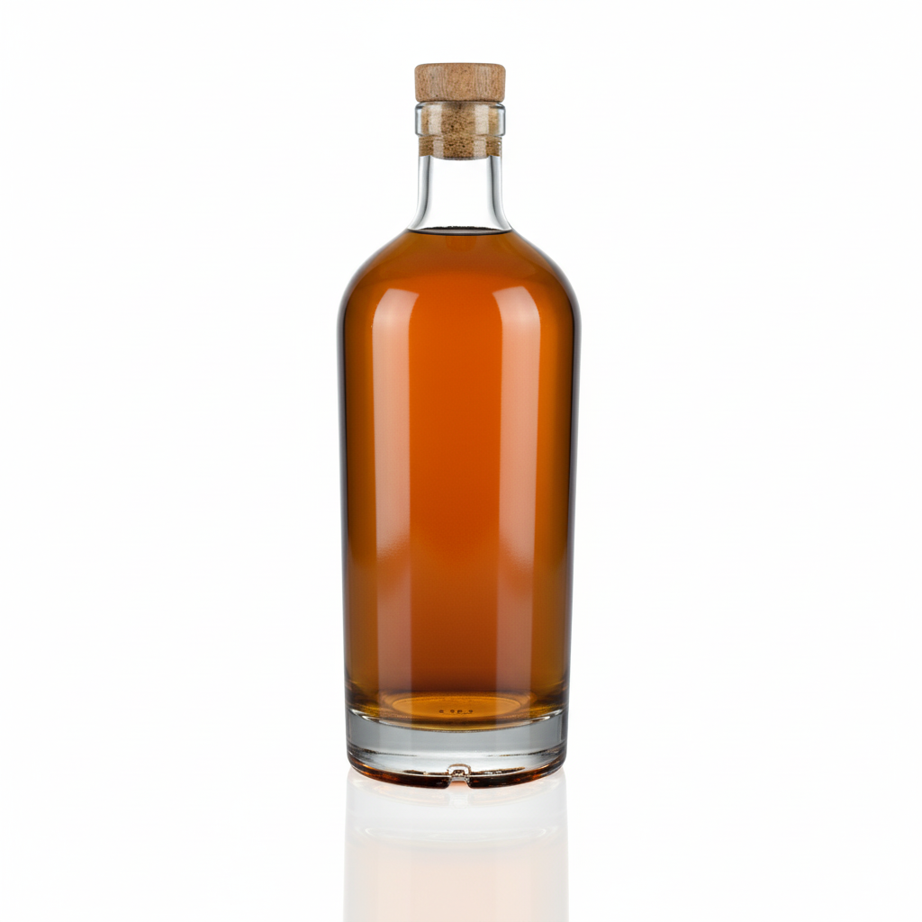 Botella de vidrio flint 750ml con whisky ámbar, sin etiqueta