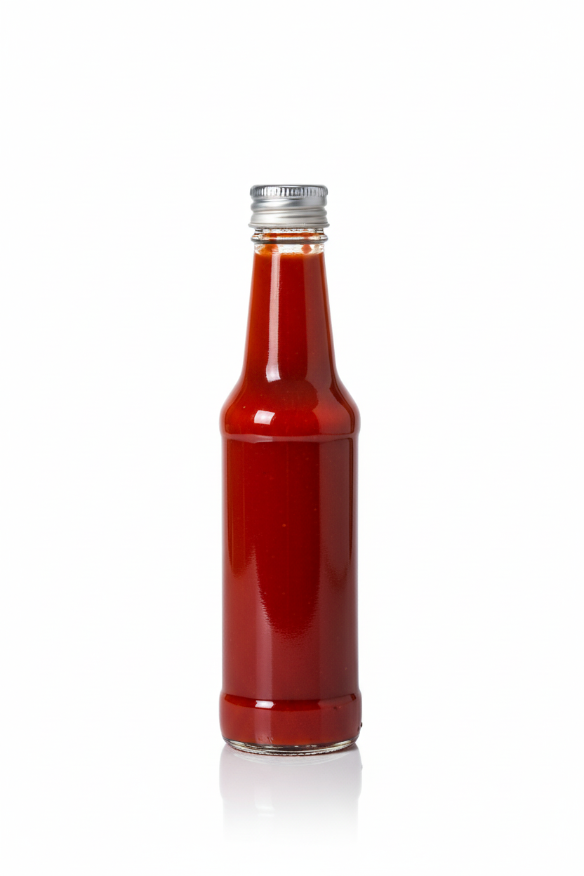 Botella de vidrio 90ml con salsa picante y tapa metálica de rosca plateada