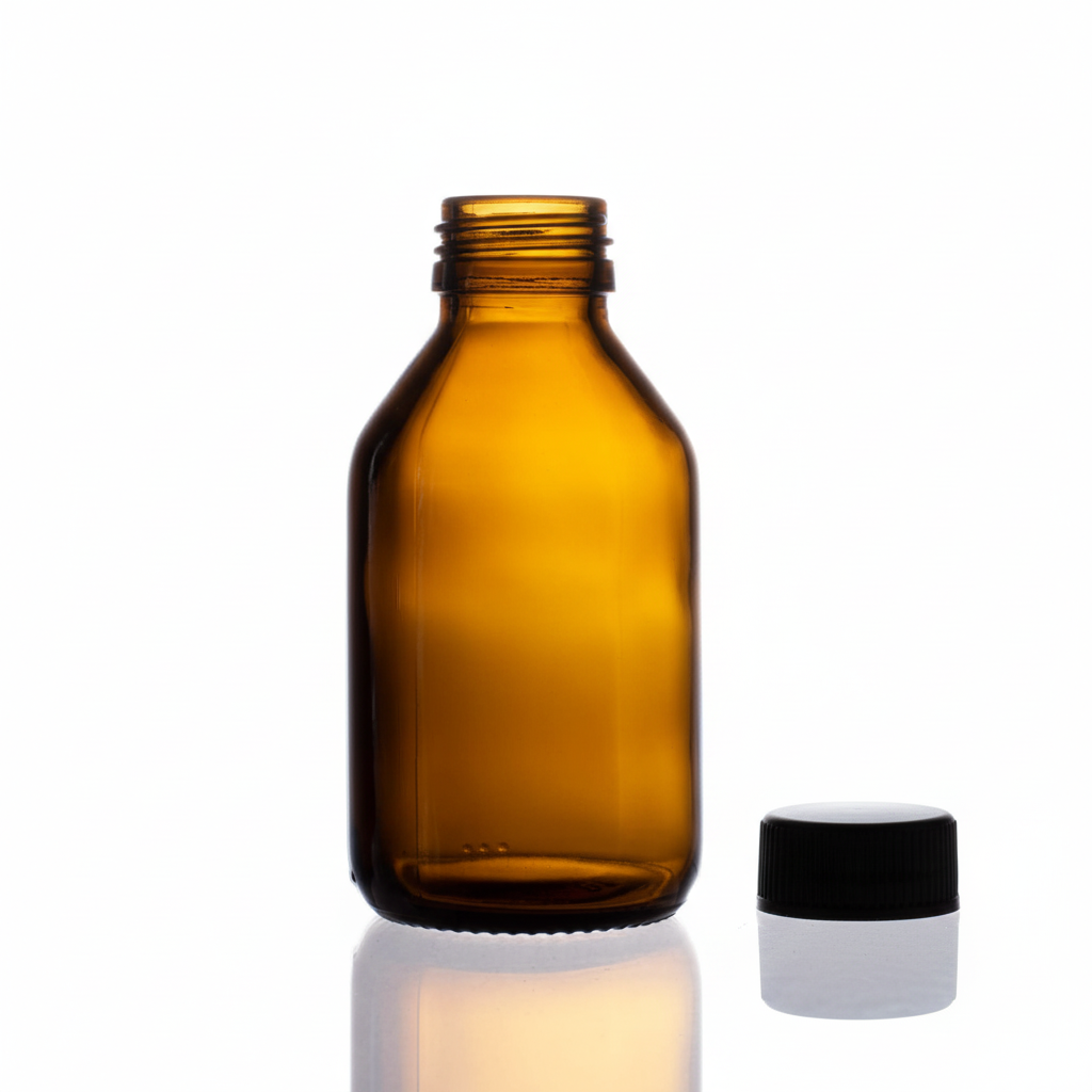 Envase de vidrio ámbar HX120F 120ml con tapa plástica negra al lado