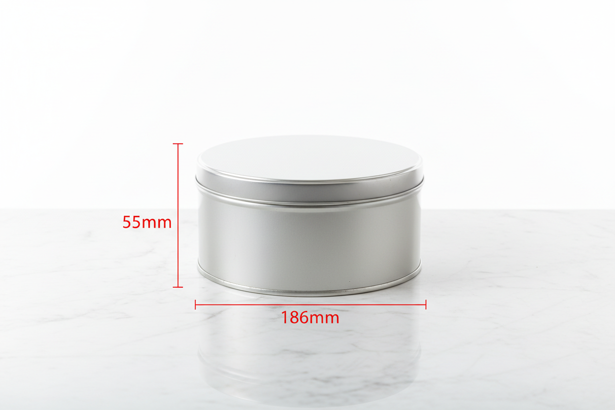 Caja metálica redonda 186mm diámetro x 55mm alto con guías de medidas externas en rojo — dimensiones exactas