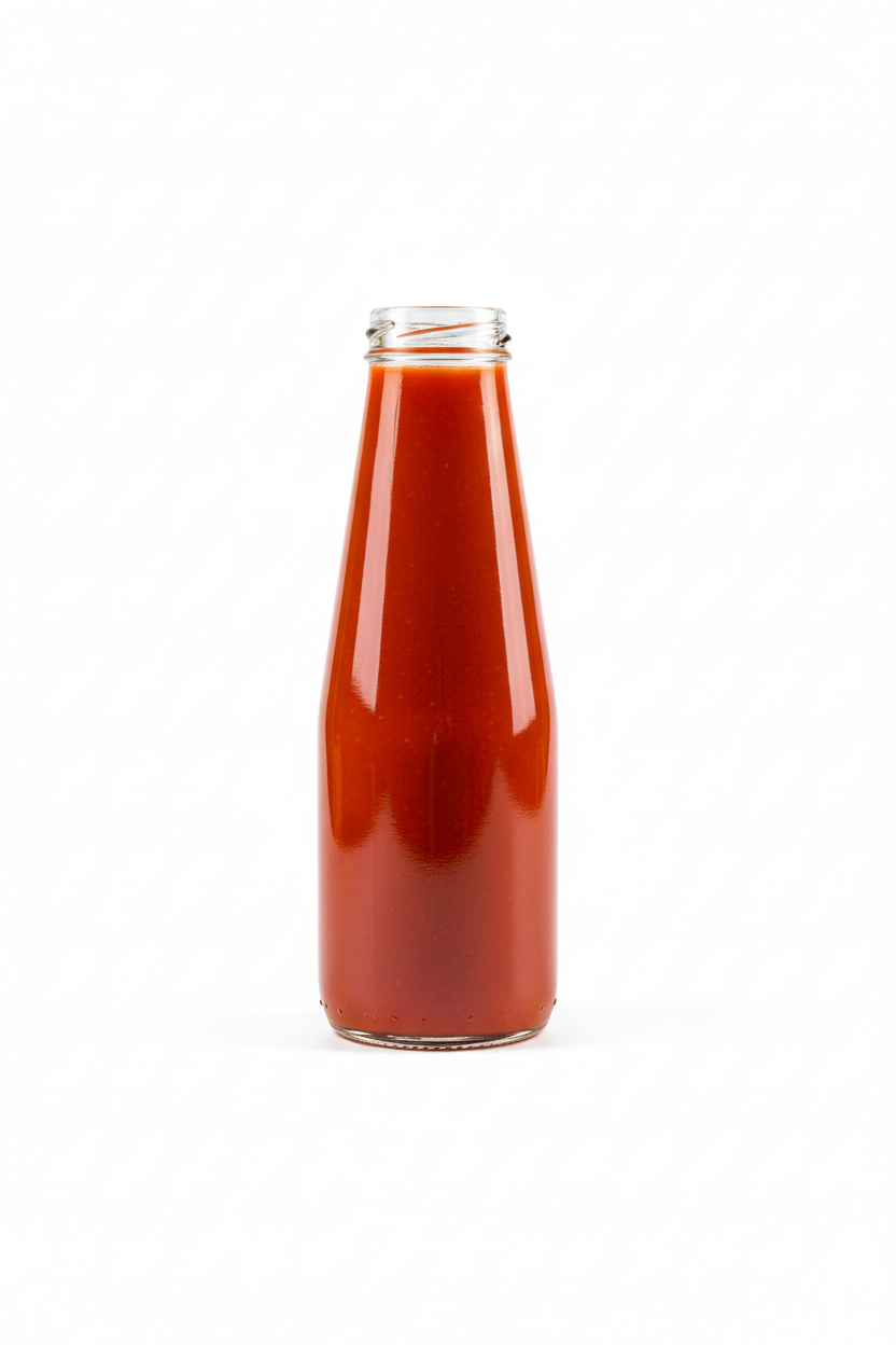 Botella de vidrio transparente 300ml llena con salsa picante artesanal