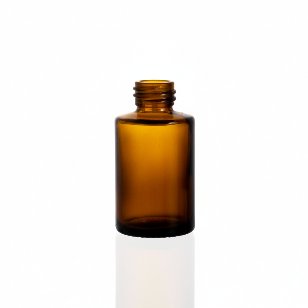 Envase de vidrio ámbar MB30FC 30ml con aceite esencial dorado, sin etiqueta