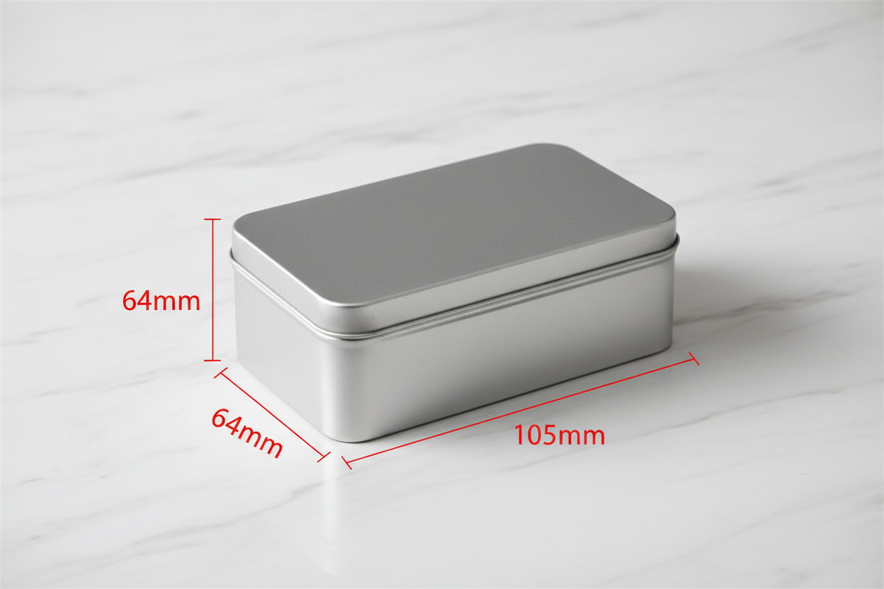 Caja metálica rectangular 168x105x64 mm con guías de medidas externas en rojo — dimensiones exactas