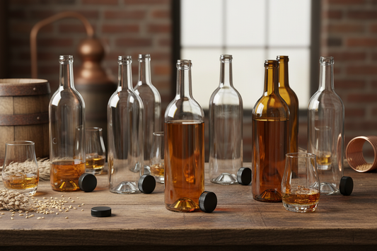 Botellas de vidrio 2312 750ml flint y ámbar en contexto lifestyle destilería artesanal