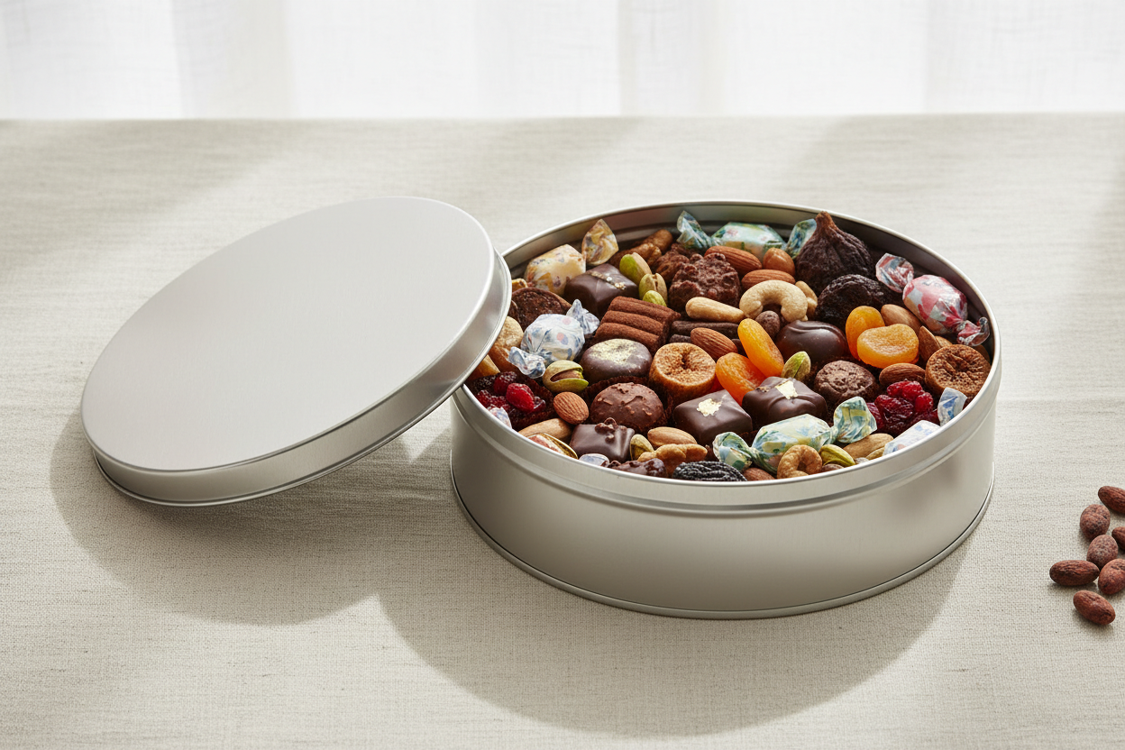 Caja metálica plateada abierta con surtido gourmet — chocolates, dulces, nueces y frutos secos en una capa