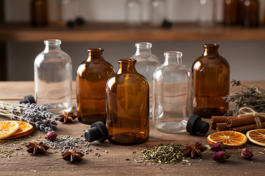 Envases de vidrio 100ml ámbar y flint en contexto lifestyle apotecario