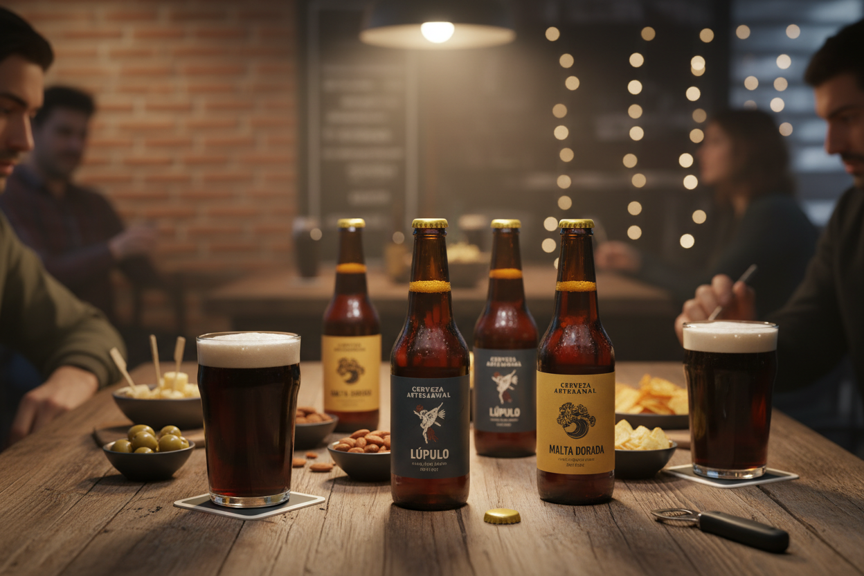 Mesa de bar con botellas de vidrio ámbar con cervezas artesanales