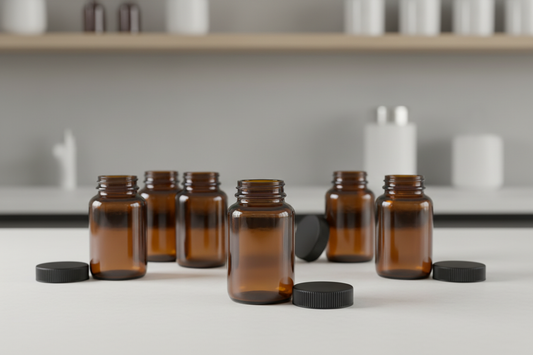 Envases de vidrio ámbar MB120R 120ml en contexto de estudio cosmético y taller de velas