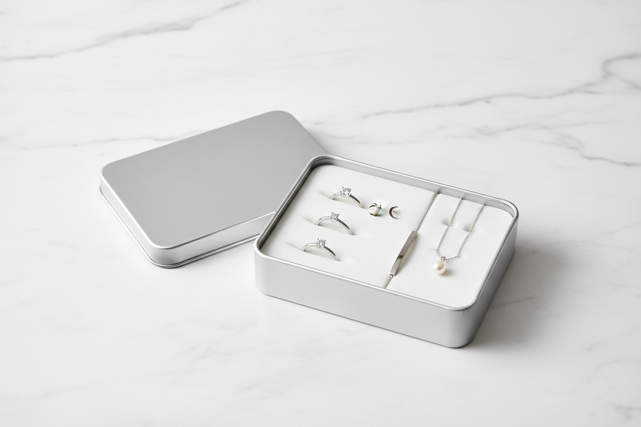 Caja metálica plateada abierta con joyería sobre inserto de terciopelo blanco — anillos, aretes, pulsera y collar