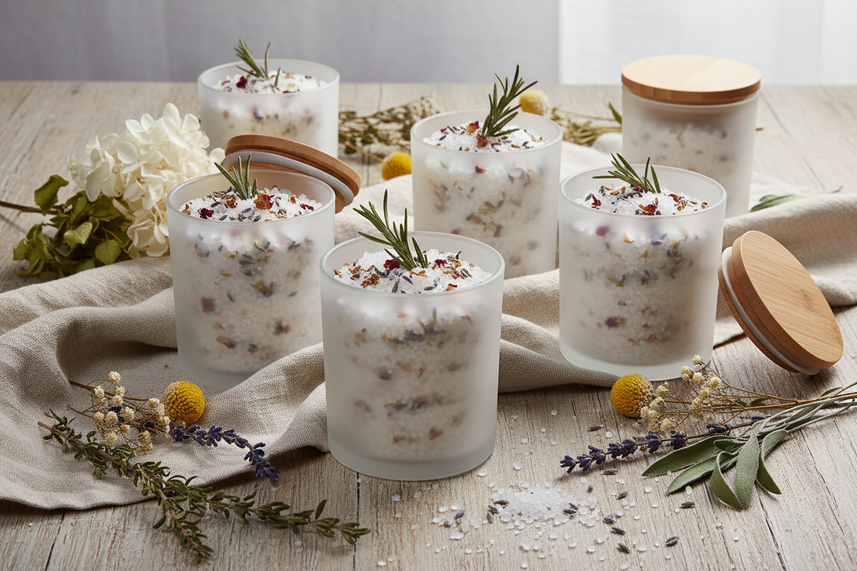 Envases de vidrio esmerilado 266ml con tapa de madera en contexto lifestyle artesanal