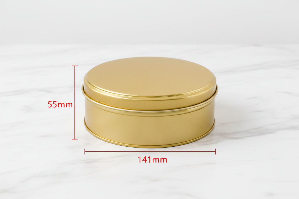 Caja metálica redonda 141mm diámetro x 55mm alto con guías de medidas externas en rojo — dimensiones exactas