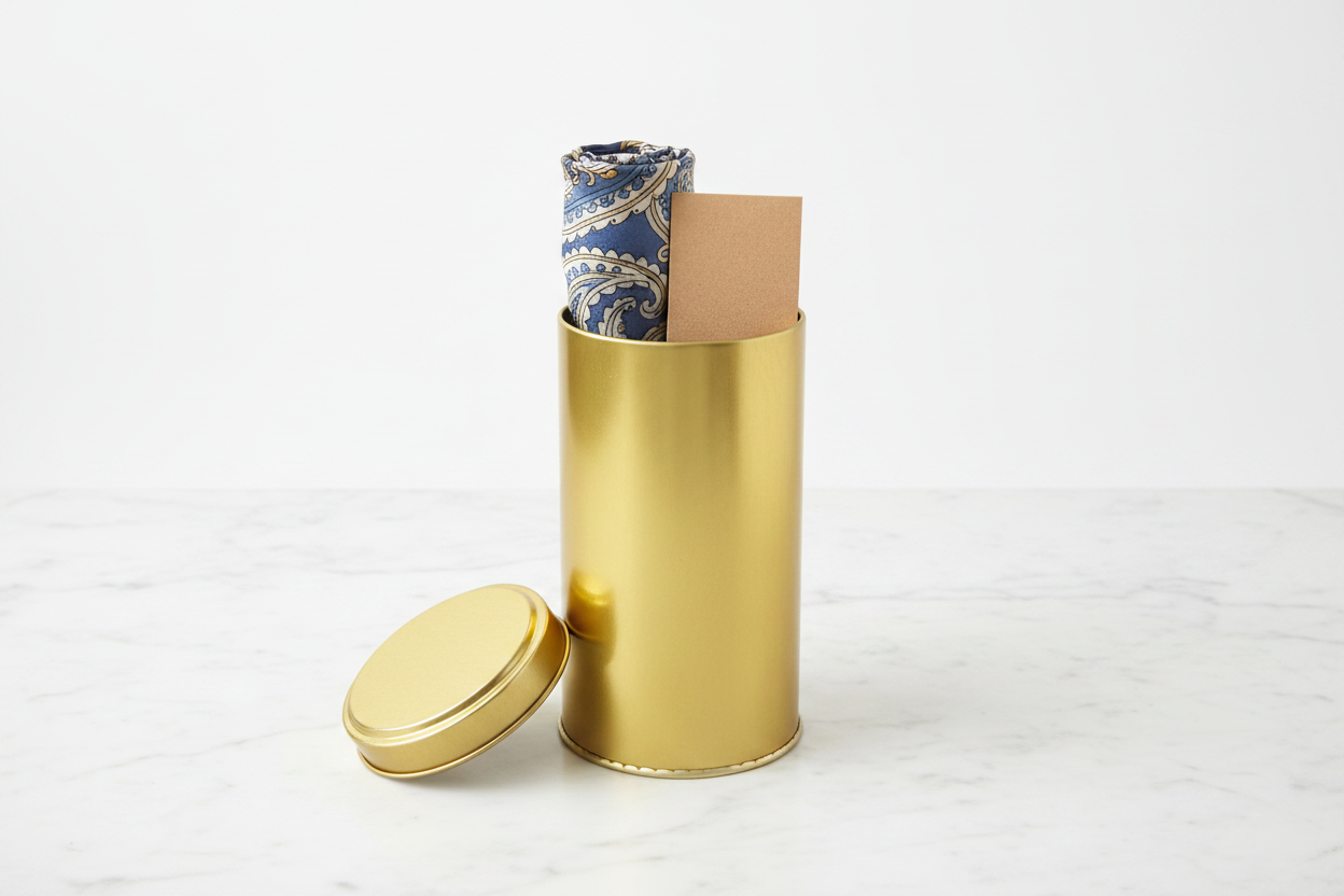 Caja metálica dorada alta abierta con pañuelo enrollado y tarjeta kraft — uso para souvenirs y regalos verticales