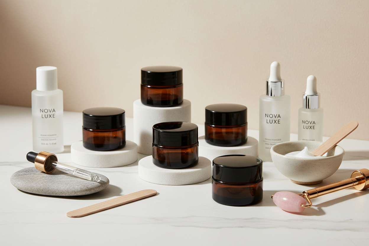 Envases de vidrio ámbar 15ml en contexto de estudio cosmético profesional