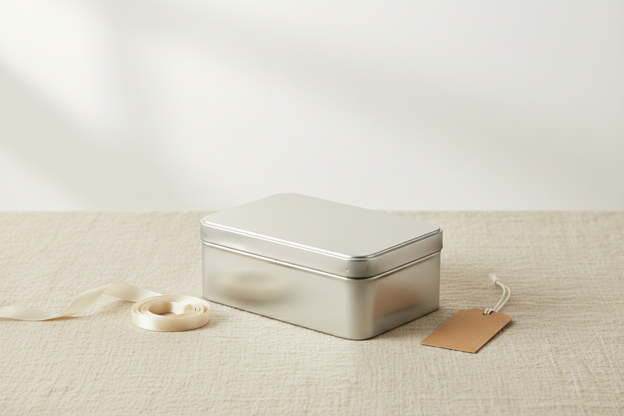 Caja metálica rectangular 168x105x55 mm plateada cerrada sobre lino beige — vista general editorial