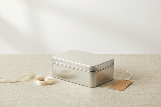 Caja metálica rectangular 168x105x55 mm plateada cerrada sobre lino beige — vista general editorial