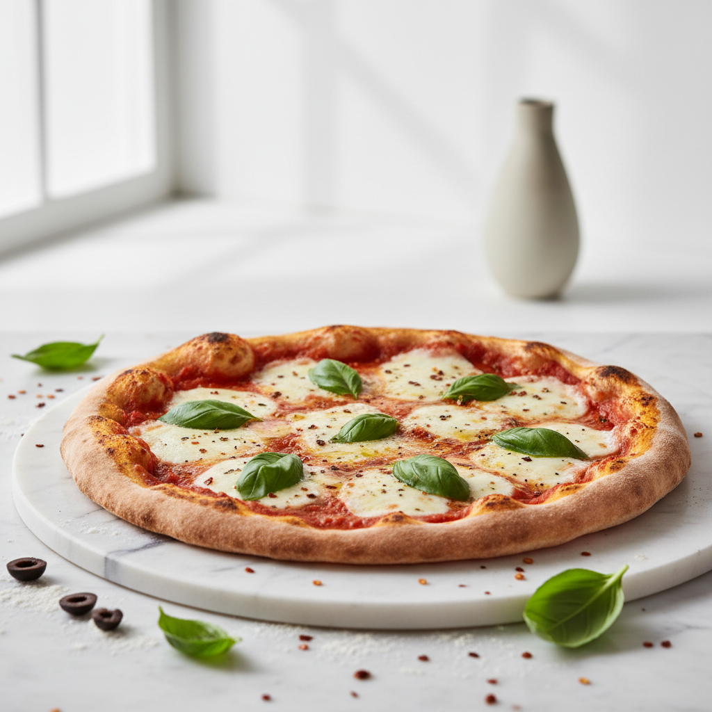 Pizza con base de salsa de tomate californiano sobre mármol blanco