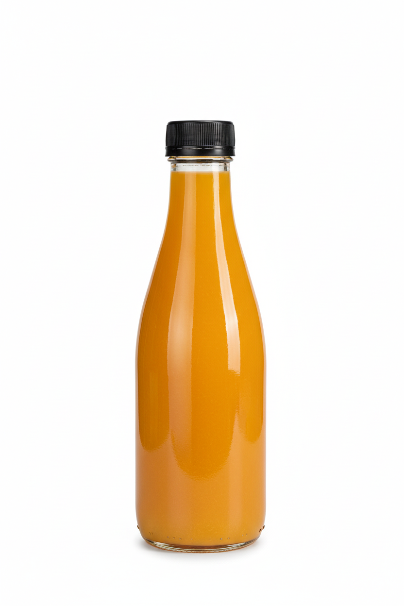 Botella de vidrio 477ml con jugo de mango y tapa plástica de rosca negra corta estriada