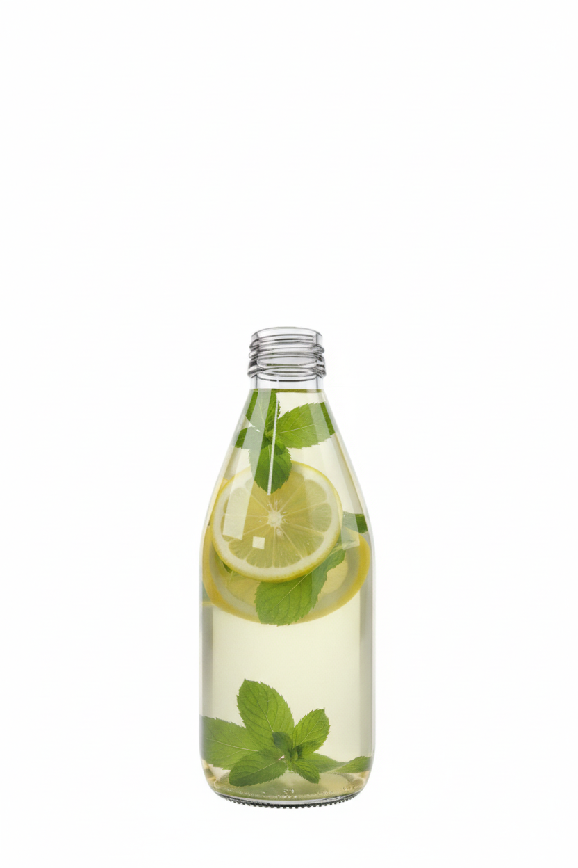Botella de vidrio transparente 280ml llena con agua saborizada con limón y menta