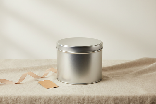 Caja metálica redonda 219x94 mm plateada cerrada sobre lino beige — vista general editorial