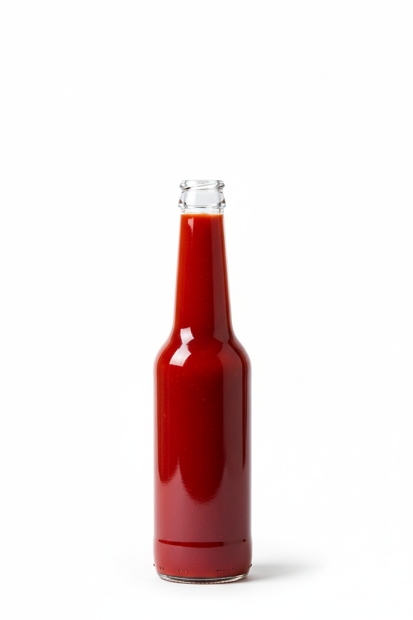 Botella de vidrio transparente 165ml llena con salsa de ají picante