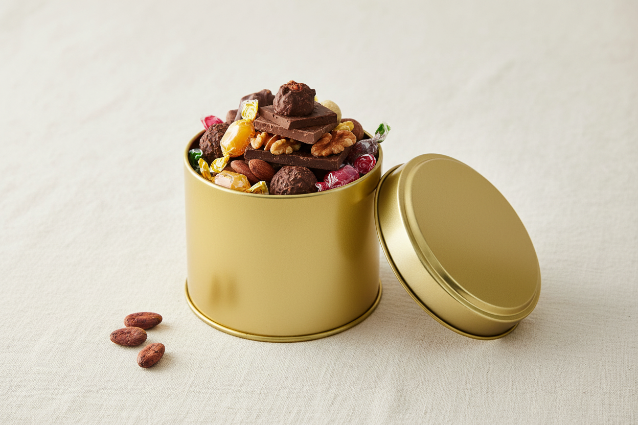 Caja metálica dorada abierta con chocolates artesanales y nueces — uso para alimentos gourmet